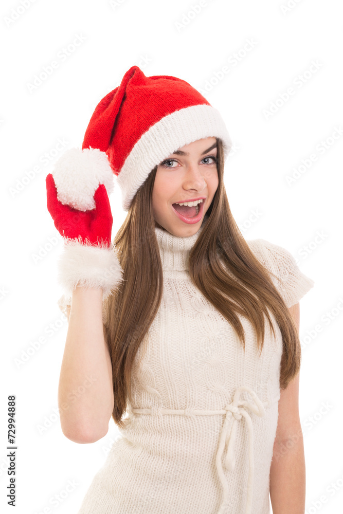 Happy cute Christmas young woman with hat and gloves Happy cute Christmas young woman with hat and gloves
