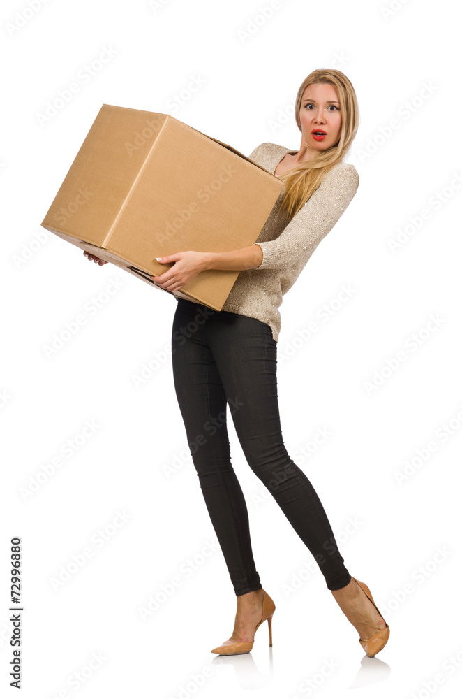 Woman with boxes relocating to new house isolated on white Woman with boxes relocating to new house isolated on white