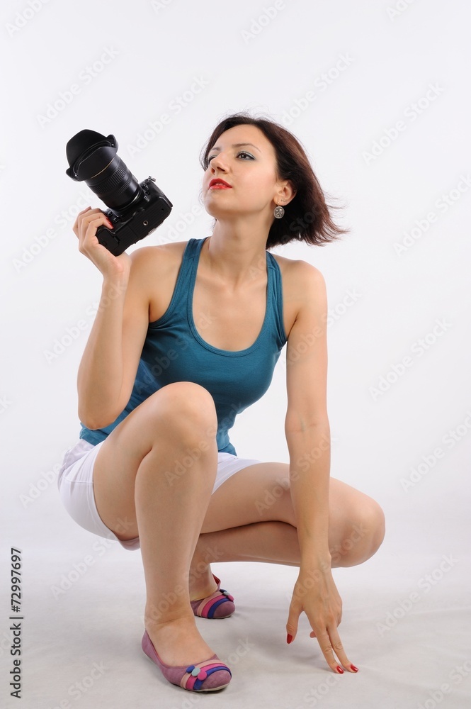 Photographer woman on work isolated white background Photographer woman on work isolated white background