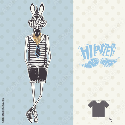 Hand Drawn Fashion Portrait Of Hipster Zebra