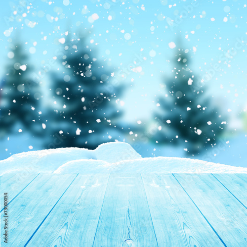 christmas winter background with wooden planks