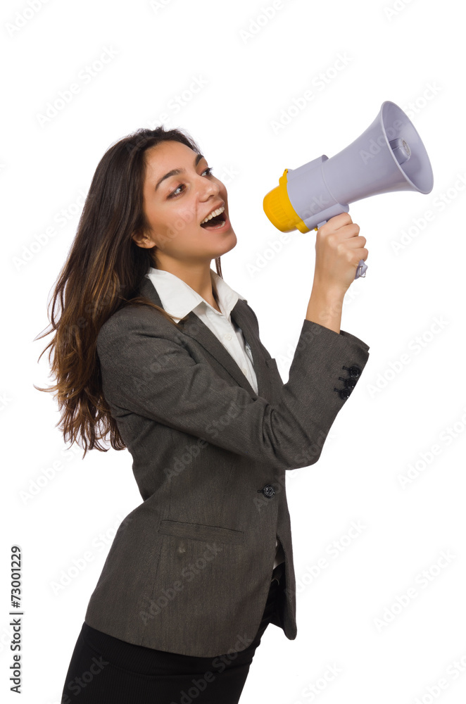 Woman with loudspeaker on white Woman with loudspeaker on white