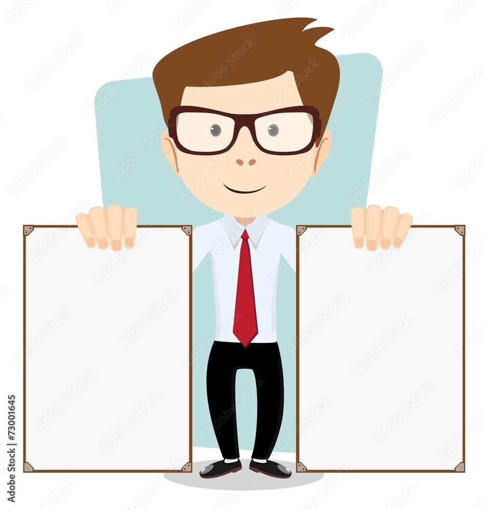 Cartoon teacher explaining and pointing at blank white board, Cartoon teacher explaining and pointing at blank white board,