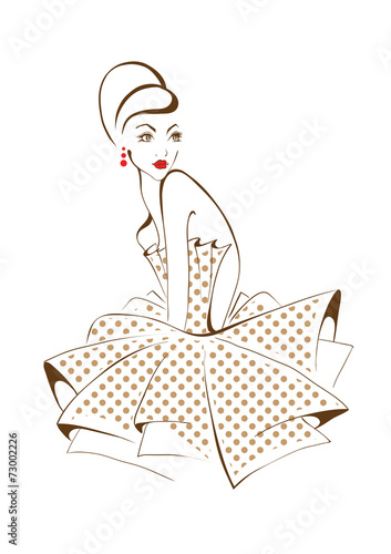 young beautiful woman posing, isolated over white, retro styling