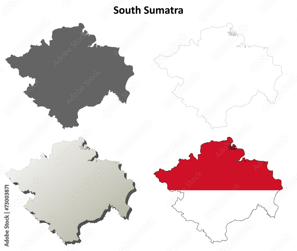 South Sumatra blank outline map set