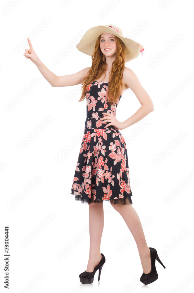 Woman pressing virtual button isolated on white Woman pressing virtual button isolated on white