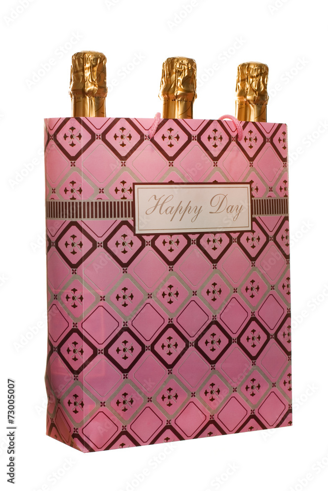 Champagne bottles in a bag with Happy Day writing Champagne bottles in a bag with Happy Day writing
