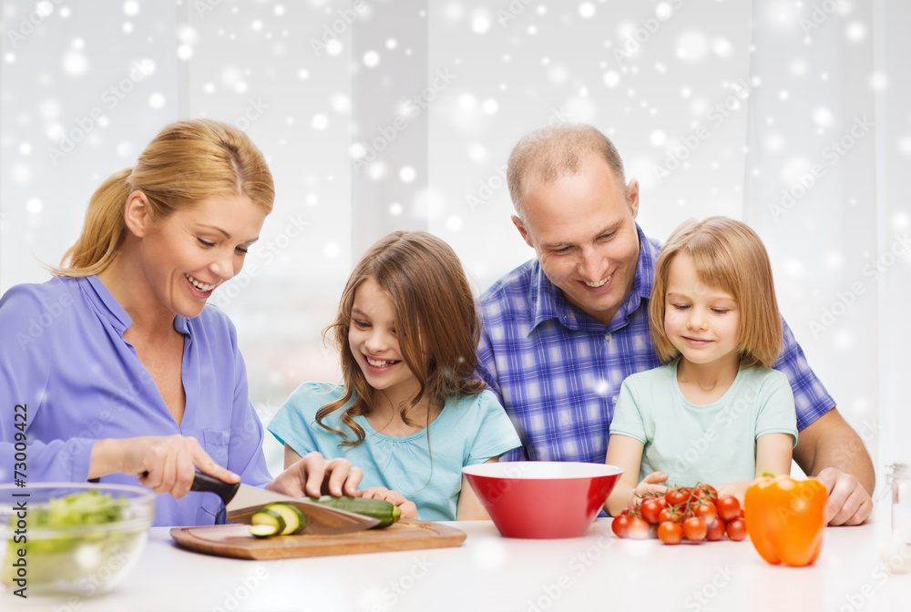happy family with two kids making dinner at home happy family with two kids making dinner at home