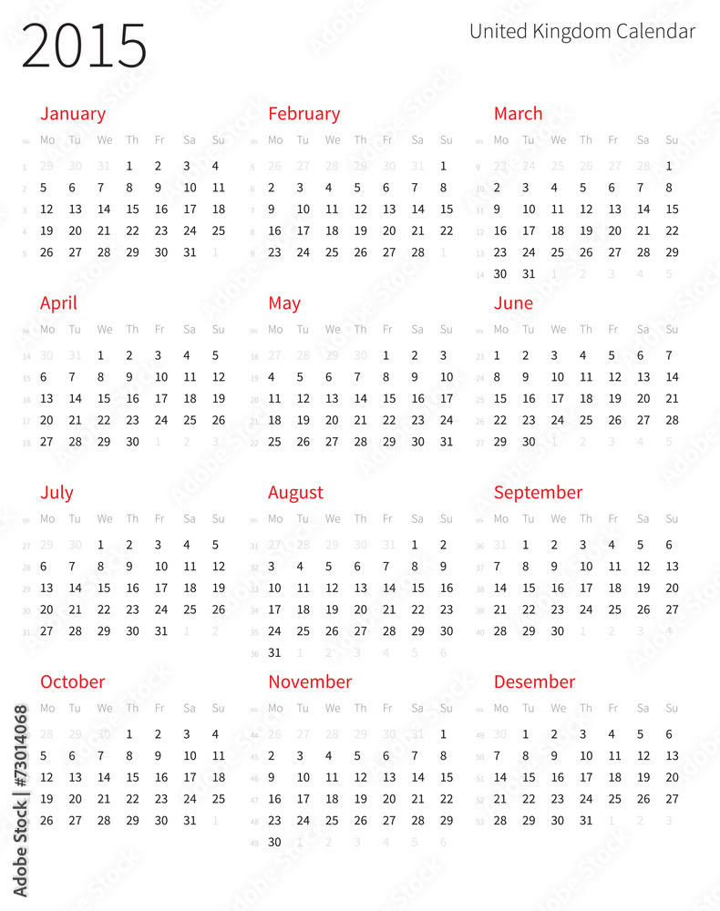United Kingdom 2015 year calendar with week numbers. United Kingdom 2015 year calendar with week numbers.