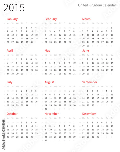 United Kingdom 2015 year calendar with week numbers.
