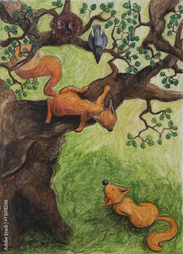 Fox who looks at a squirrel on a tree
