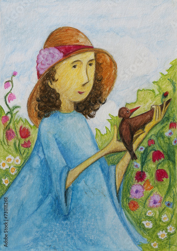 the girl who is watching a broken wing bird