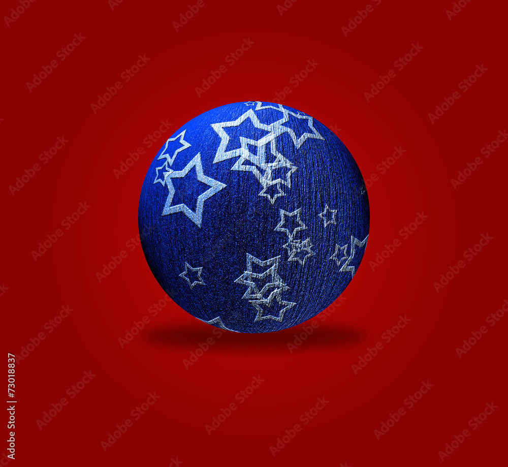 Sfondo rosso con palla di Natale blu con stelle Stock Photo | Adobe Stock