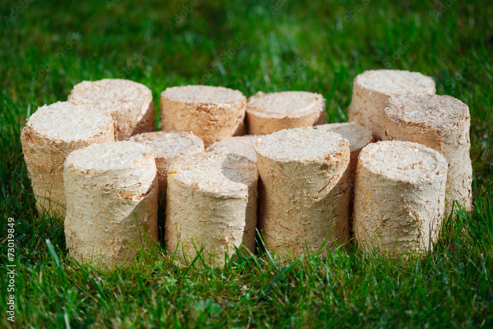wooden pellets on green grass background wooden pellets on green grass background