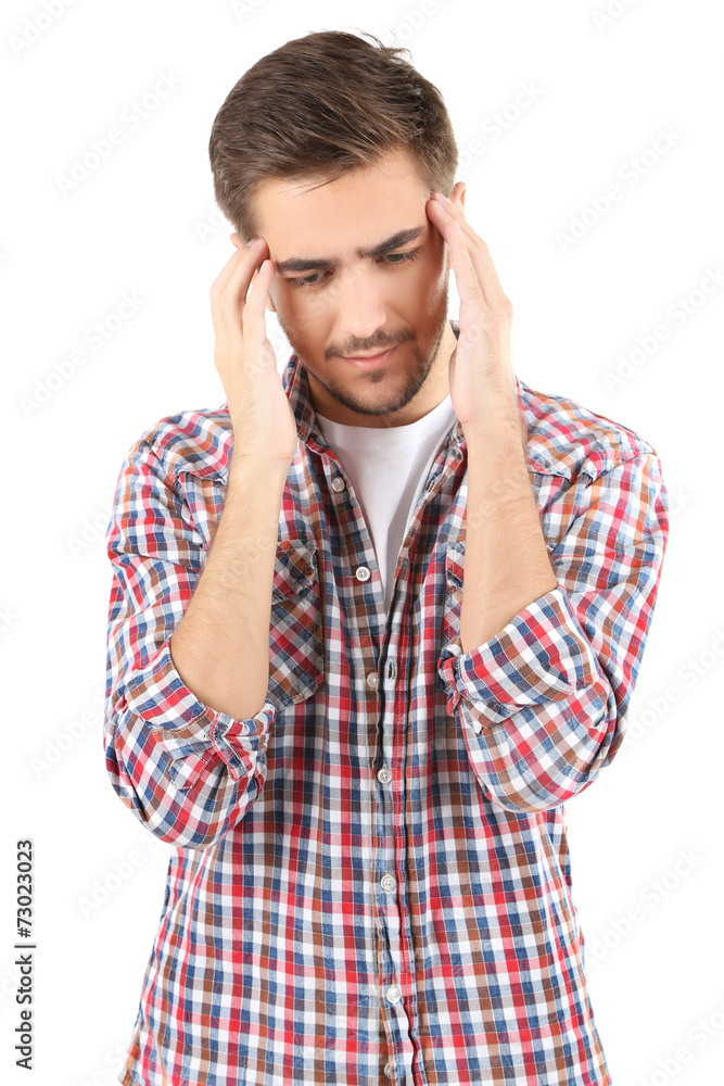 Young men have headache isolated on white Young men have headache isolated on white