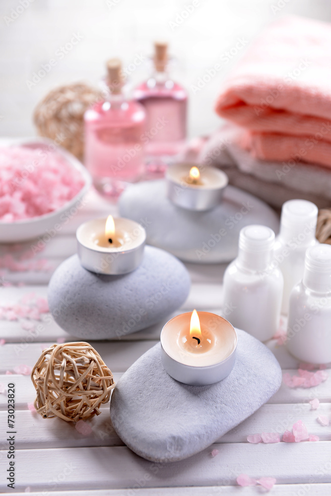 Composition of spa treatment on table on white background Composition of spa treatment on table on white background