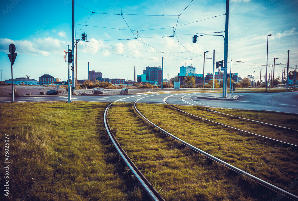 Tram rails. Tram tracks. Tram rails. Tram tracks.