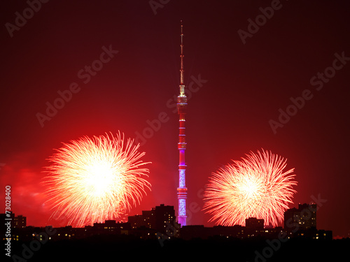 Moscow with Ostankino TV Tower and red firework photo