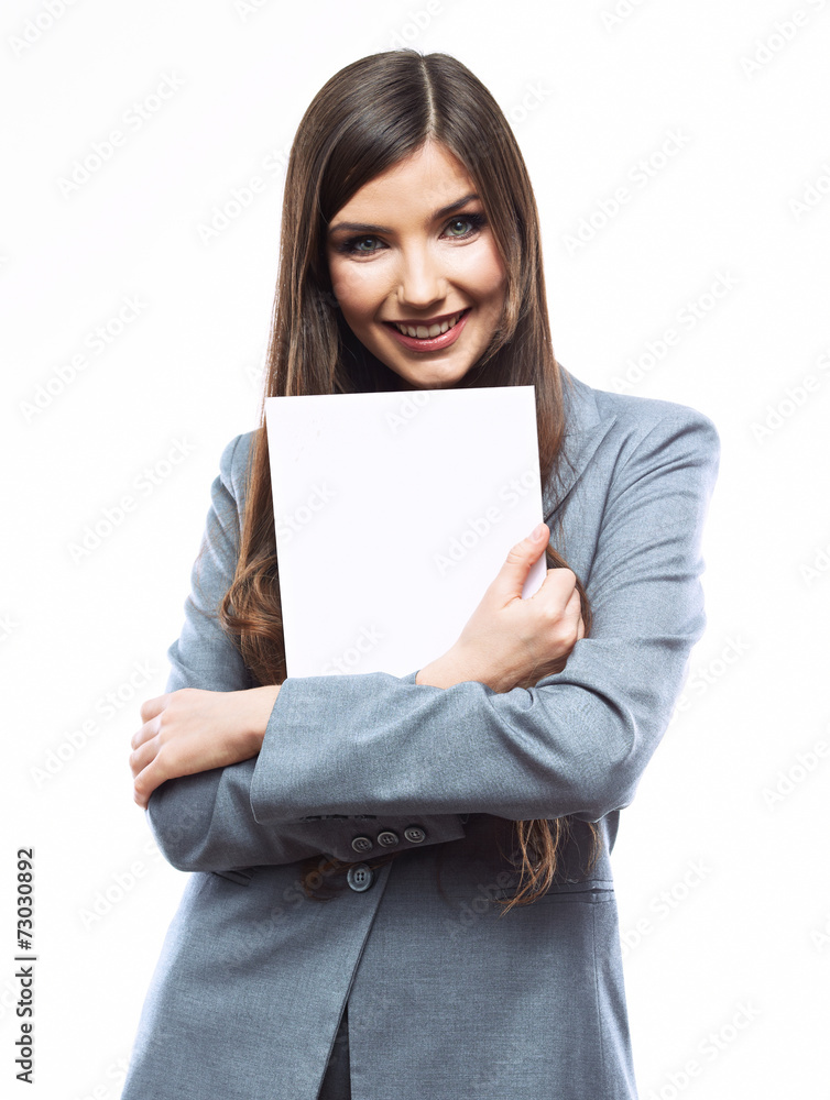Portrait of smiling business woman hold blank board isolated on
