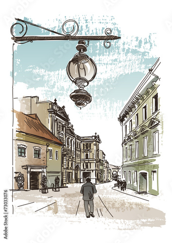 Vector drawing of central street of old european town, Vilnius,