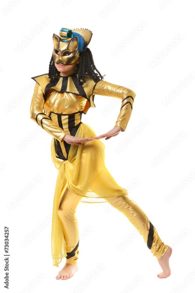 Young girl dressed in Egyptian costume isolated on white backgro Young girl dressed in Egyptian costume isolated on white backgro