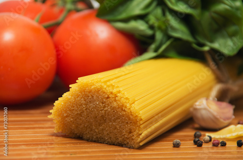 Pasta spaghetti, vegetables and spices