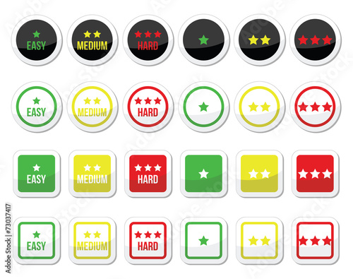 Easy, medium, hard level with stars icons set