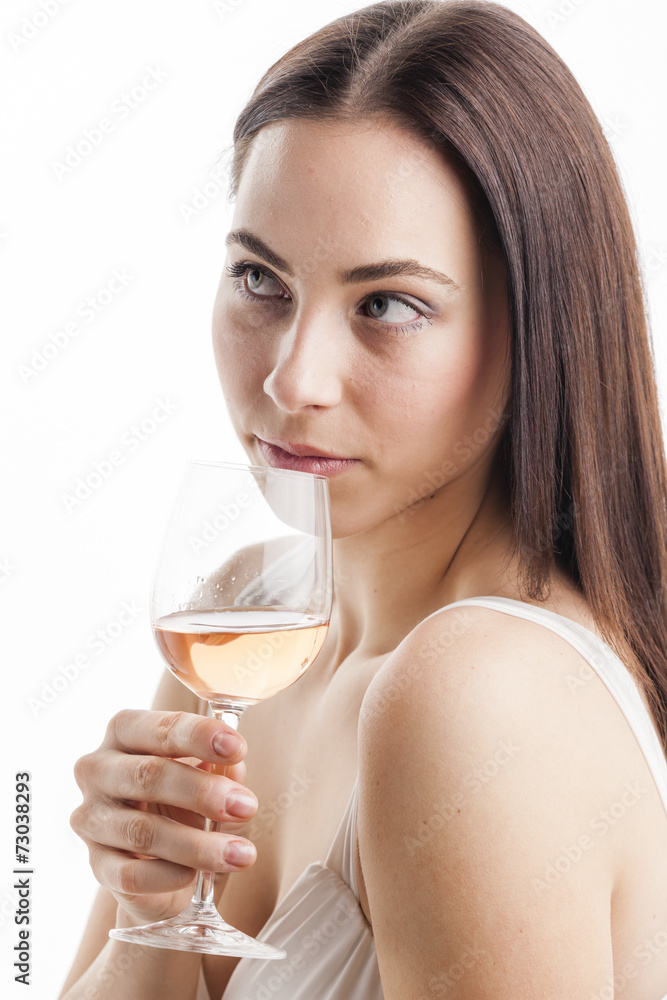 portrait of young woman with a glass of rose wine portrait of young woman with a glass of rose wine