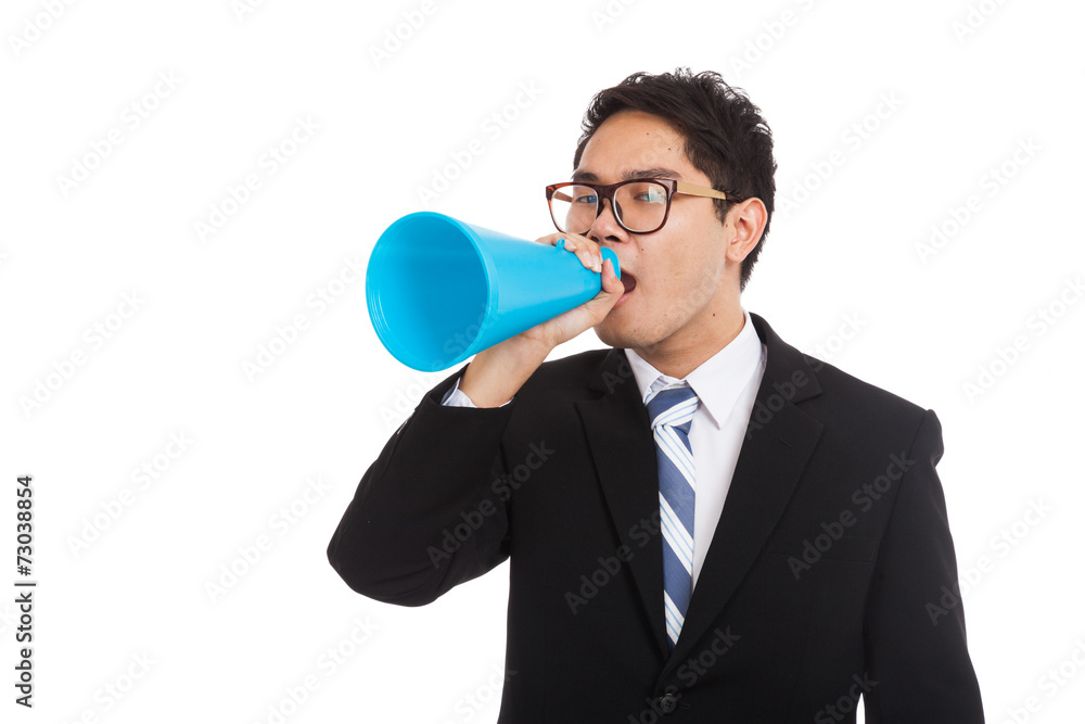 Asian businessman annouce with megaphone Asian businessman annouce with megaphone