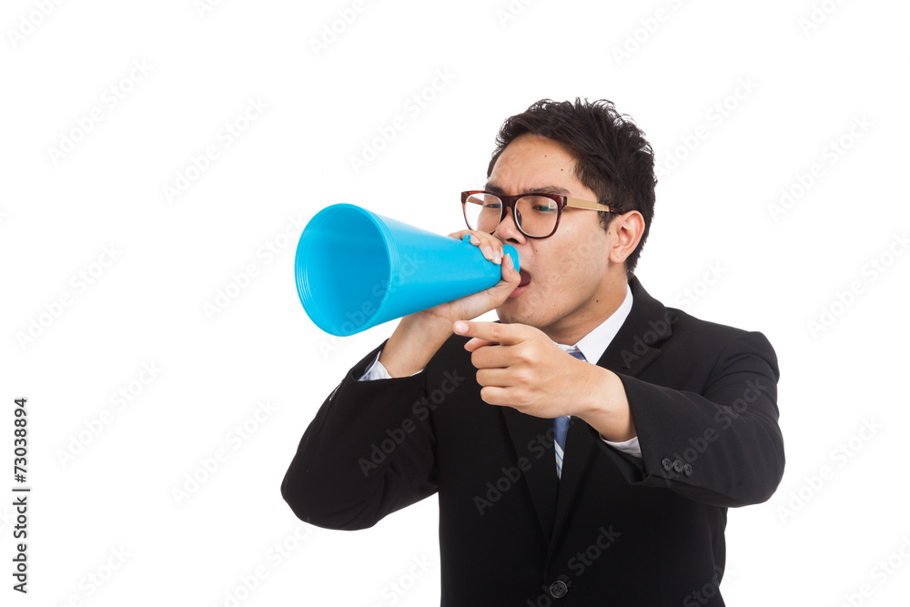 Asian businessman point and shout with megaphone Asian businessman point and shout with megaphone