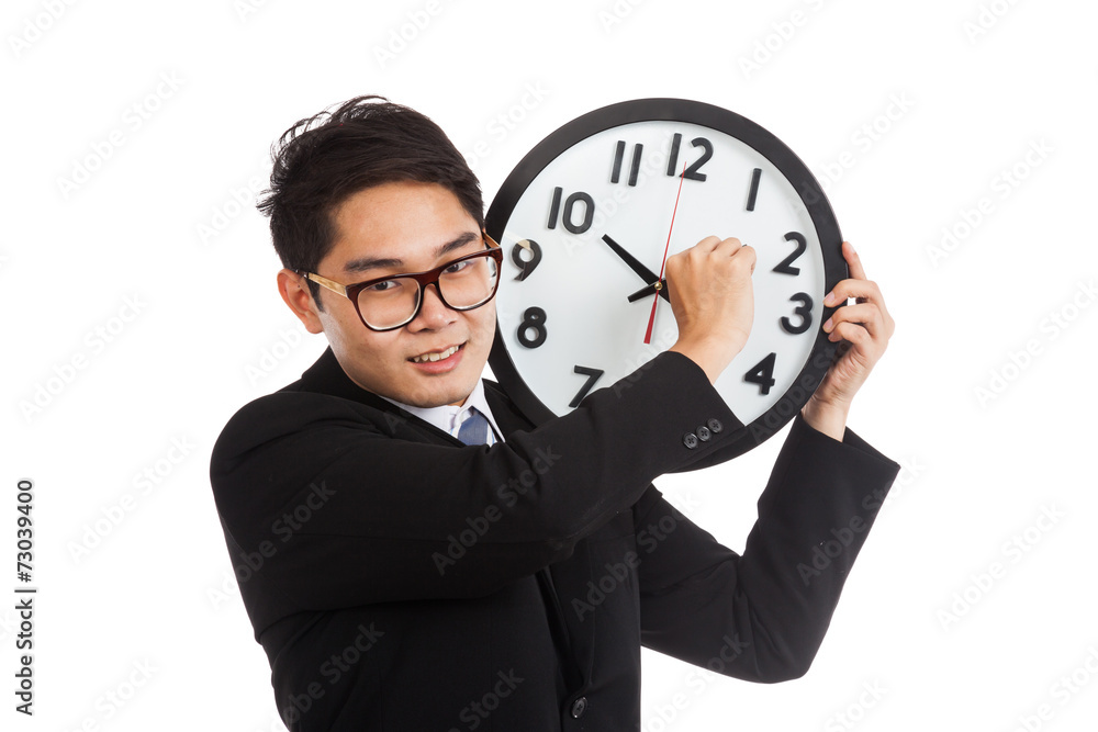 Asian businessman smile move clock arm Asian businessman smile move clock arm
