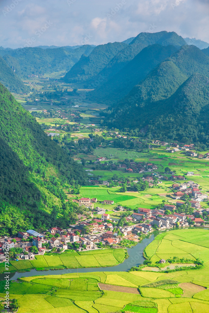 village with rice field in valley in Bac Son, Vietnam.