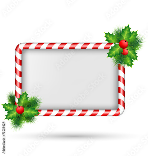 Candy cane frame with holly sprigs isolated on white background