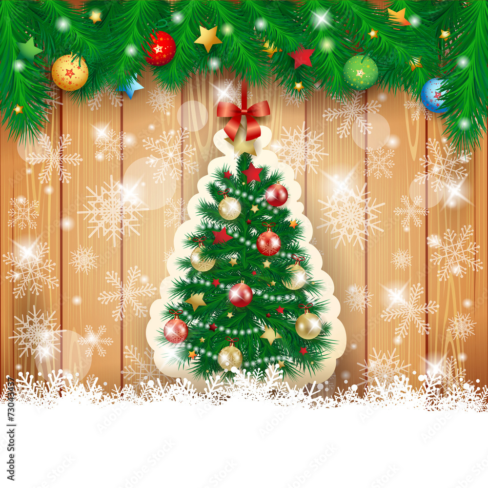 Christmas background with fir and tree - obrazy, fototapety, plakaty 