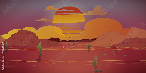 Panoramic western sunset with cactus