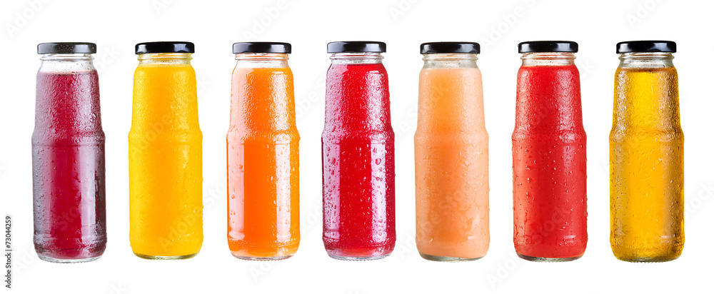 various bottles of juice isolated on white background - obrazy, fototapety, plakaty 