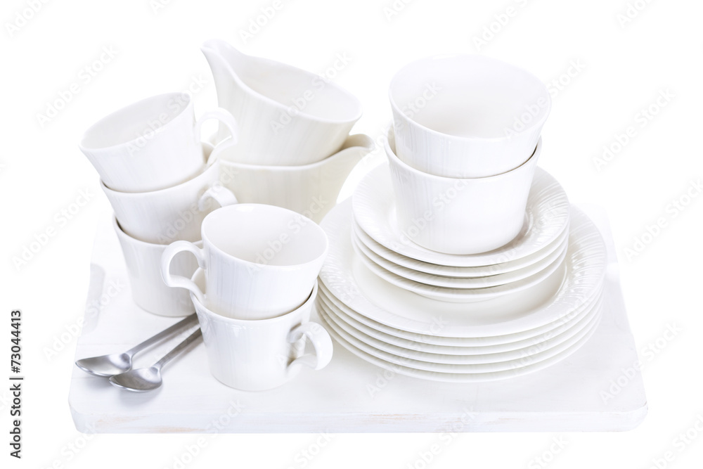empty plates and cups on wooden board empty plates and cups on wooden board