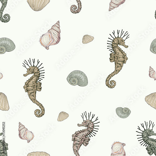 seashells and seahorse seamless pattern
