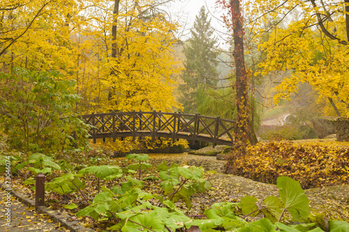 Old Wooden bridge across small river in autumn park