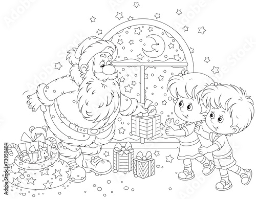 Santa Claus giving Christmas gifts to children