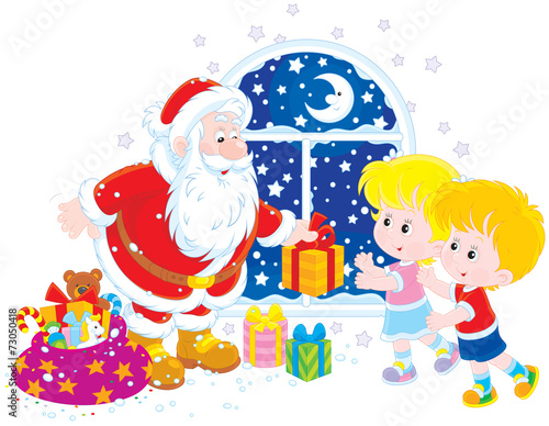 Santa Claus giving Christmas gifts to children