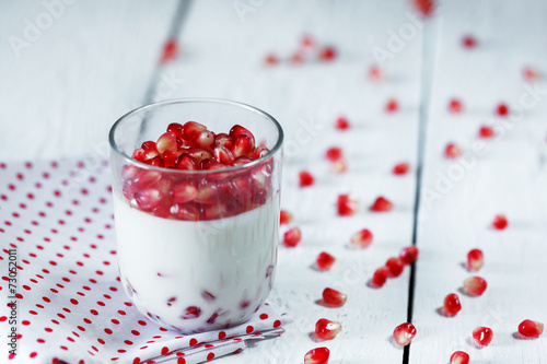 Delicious dessert pannacotta with fresh pomegranate seeds in a g photo