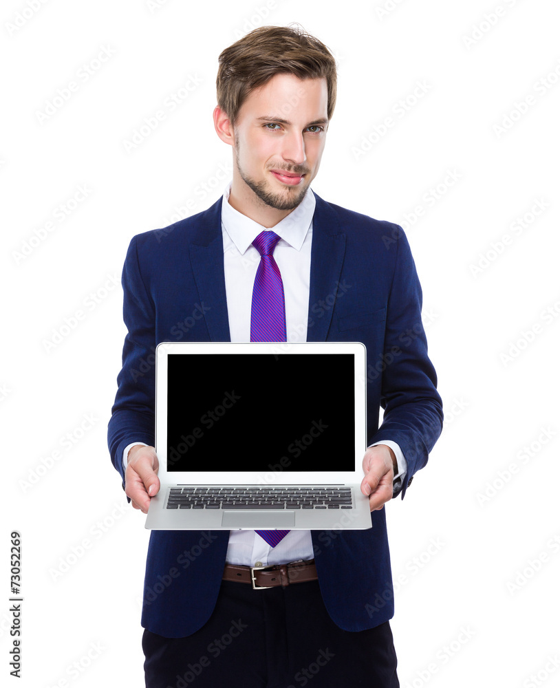 Business man show with blank screen of laptop Business man show with blank screen of laptop