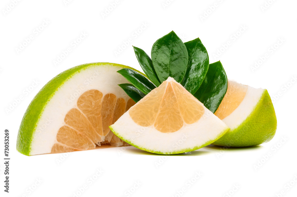 Oroblanco slice with leaves isolated Oroblanco slice with leaves isolated