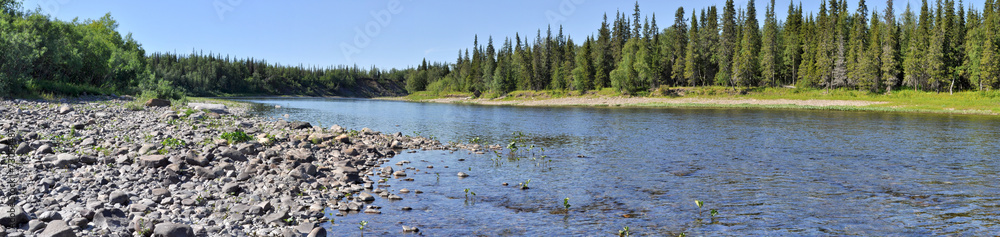 Fototapeta premium Panorama of the wild river.