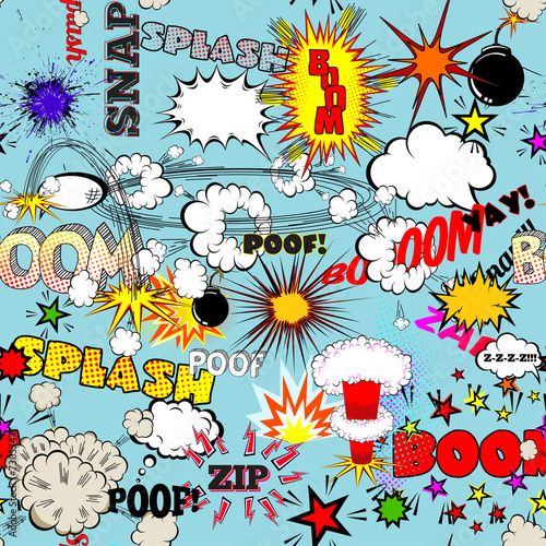 Vector Retro Seamless Pattern with Bubbles, Labels, Logos, Comic
