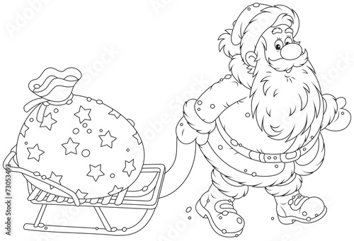 Santa carrying a bag of Christmas gifts on a sledge