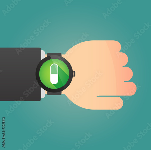 Hand with a smart watch displaying a pill