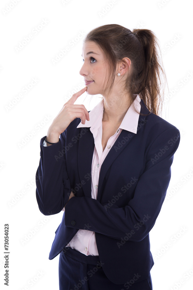 Junge Business Frau isoliert: zweifelnd, nachdenklich, skeptisch Junge Business Frau isoliert: zweifelnd, nachdenklich, skeptisch