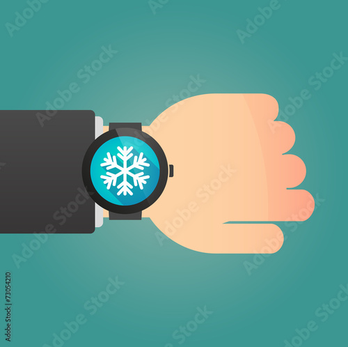 Hand with a smart watch displaying a snow flake
